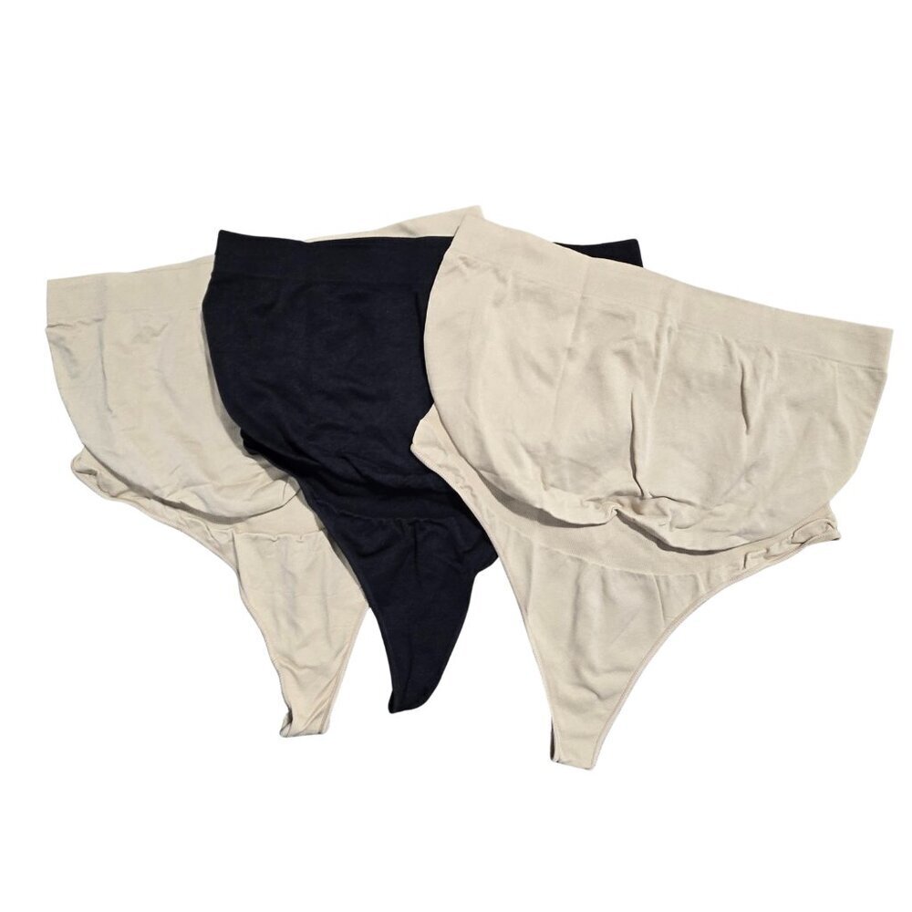 NIP | 3-Pack High-Waisted Shapewear Thongs | Tummy Control | Black & Beige | 2XL